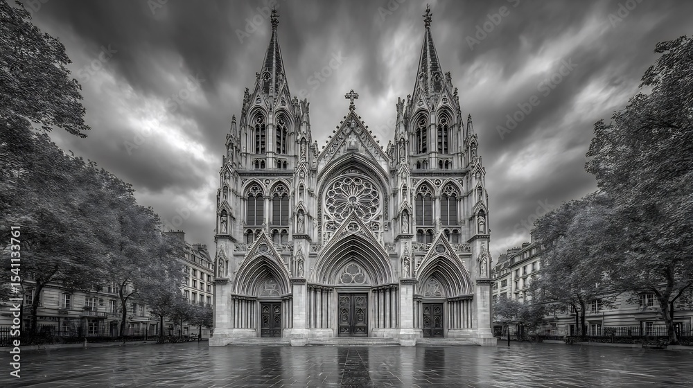 Fototapeta premium Majestic Church Under a Dramatic Sky: A Black and White Masterpiece