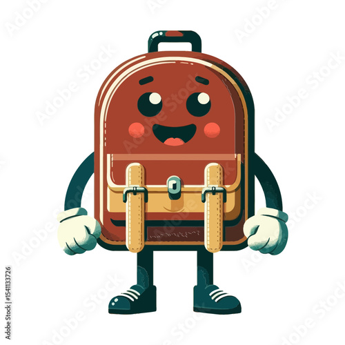 happy cartoon backpack with arms and legs, a big smile, and rosy cheeks, ideal for back-to-school content, children's education, or travel themes.