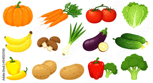Colorful Illustration of Fresh Vegetables and Fruits Pumpkins, Carrots, Tomatoes