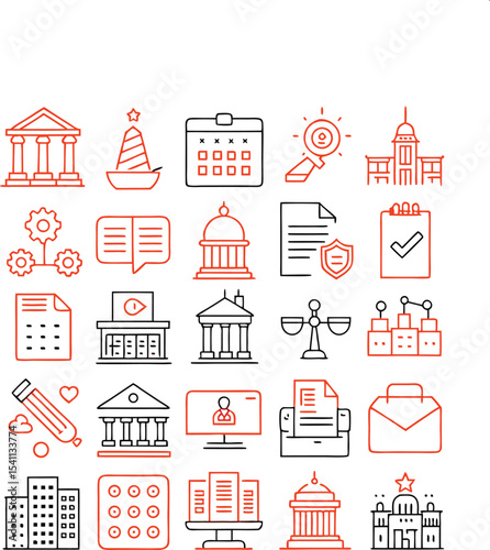 "Government, Law, and Civic Administration Icon Set – Minimal Line Icons of Institutions, Justice, Voting, and Communication"