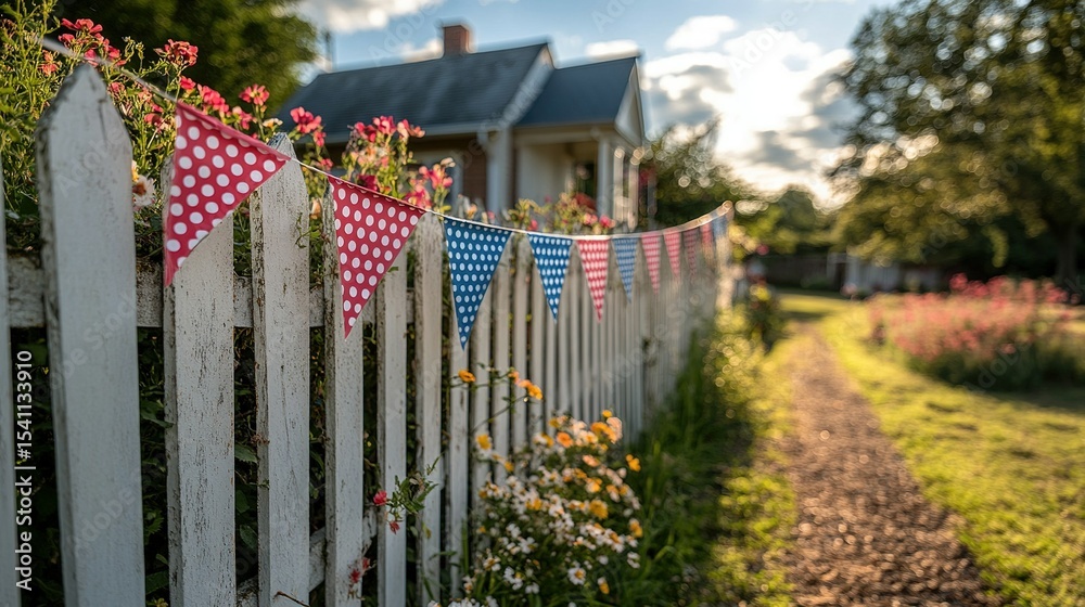Fototapeta premium Festive Bunting - Red, White, and Blue Polka - Dotted Triangles Decorating a Rustic White Picket Fence in a Charming Garden. Ideal for Fourth - of - July