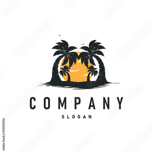 summer vacation with minimalist beach summer logo concept with palm tree and ocean logo concept illustration symbol template