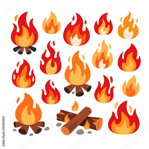 Colorful cartoon illustrations of various stylized flames and burning logs.