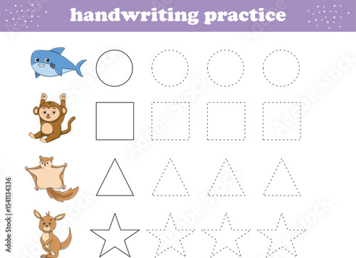 Handwriting Practice. Tracing lines of different shape for kids with animals. Vector Illustration