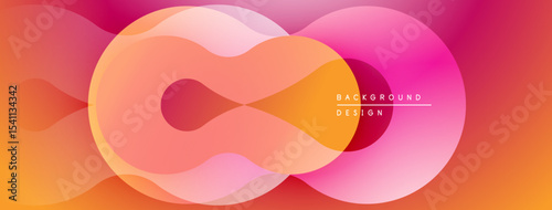 Abstract colorful shapes overlap creating dynamic visual effect. Gradient hues blend smoothly, offering modern aesthetic.