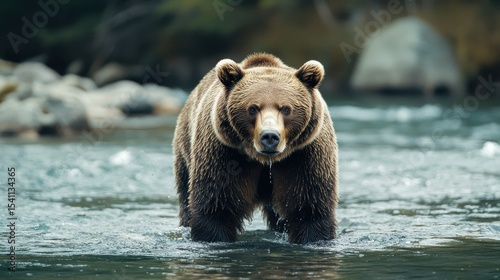 Majestic brown bear wading through clear river water amidst serene natural landscape in wilderness setting