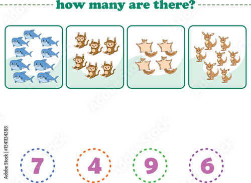 Counting game of wild animals for preschool kids. Printable. Vector Illustration
