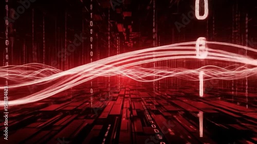 Red Binary Code Tunnel with Flowing Data Streams and Abstract Grid Animation