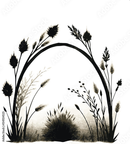 "Botanical Arch Silhouette – Elegant Wild Grass and Floral Frame in Monochrome Ink Style"
