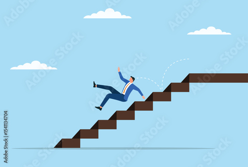 Vector illustration of a businessman falling down the stairs, symbolizing unexpected obstacles, sudden setbacks, and the challenges faced in the pursuit of career success
