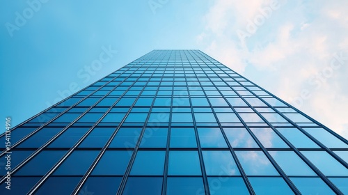 Tall Modern Skyscraper Reaching Towards Blue Sky with Reflections of Clouds and Windows in Urban Environment