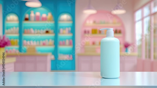 Lotion or Shampoo Pump Bottle Mockup in Modern Hair Salon with Vivid Blue Shelves photo