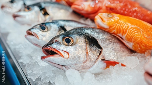 Fresh Seafood on Ice Display at Fish Market Featuring Colorful Variety of Whole Fish with Glimmering Scales