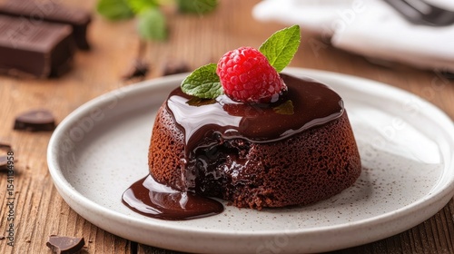 Delicious molten chocolate cake topped with raspberry and mint leaf on a white plate with dark chocolate background