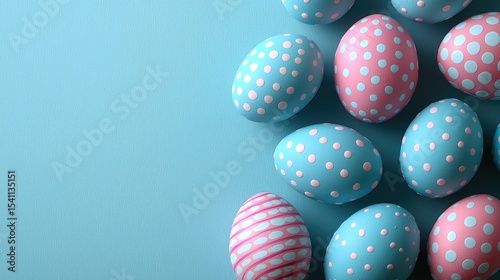 Pastel eggs with polka dots and stripes on a light blue background.
