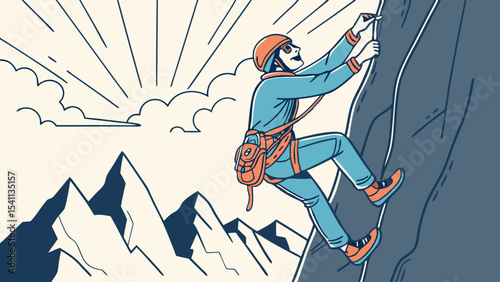 Adventurous Climber Scaling a Rock Face with Mountain Backdrop.