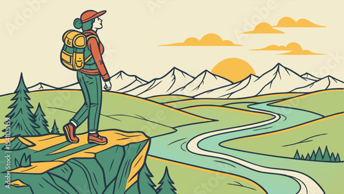 Adventurous Hiker Enjoying Scenic Landscape with Backpack and Cap.