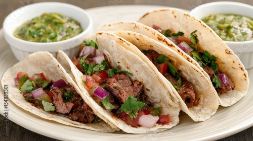 Delicious Beef Tacos with Fresh Salsa and Spicy Sauce Served on a Plate Ready to Enjoy