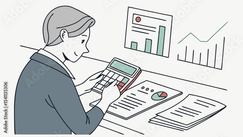 Businessman Calculating Finances with Calculator and Financial Charts.