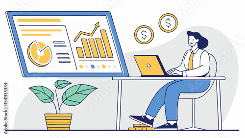 Businesswoman Analyzing Financial Data on Laptop and Large Screen Display.