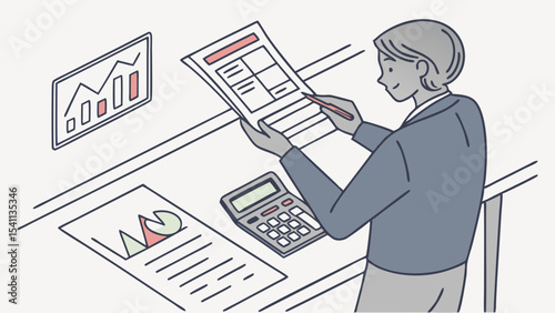 Businesswoman analyzing financial data with calculator and charts.