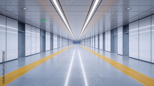 Modern Minimalist Corridor with Bright Lighting and Yellow Guide Lines in an Empty Futuristic Space