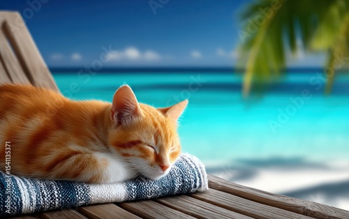 Ginger kitten naps on beach chair