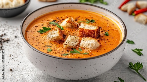 Creamy Tomato Soup with Croutons in White Bowl on Gray Surface with Fresh Ingredients and Spices