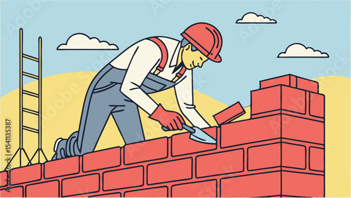 Cartoon Bricklayer Constructing a Brick Wall with Trowel and Hardhat.