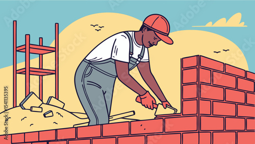 Cartoon Bricklayer Constructing a Brick Wall with Trowel and Scaffolding.