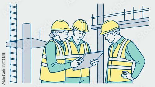 Construction Workers Reviewing Plans at a Building Site.