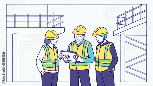 Construction Workers Reviewing Plans on Tablet.
