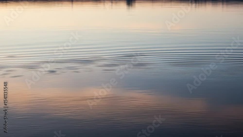 Serene water surface with gentle ripples reflecting the sky at dusk, creating a peaceful and calming atmosphere.