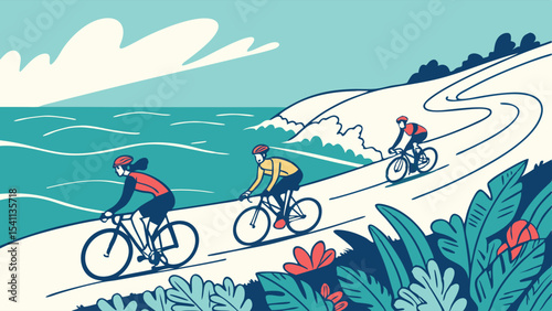 Cyclists riding on a winding road near the sea in illustration style.