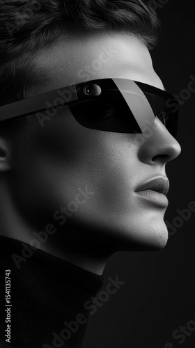Close-up of a person wearing futuristic glasses.