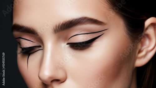 Striking eyeliner makeup tutorial: Close-up of a woman's face with dramatic black winged eyeliner