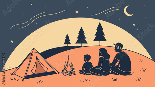 Family Camping Under the Stars with Tent and Bonfire.