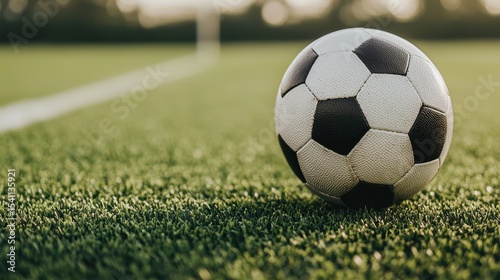 Soccer Ball on Lush Green Grass Field with Soft Lighting in a Warm Outdoor Setting