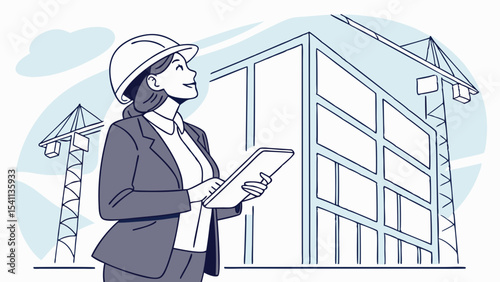 Female Architect Inspecting Construction Site with Tablet and Cranes.