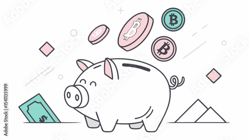 Happy Piggy Bank Saving Bitcoin and Dollar Bills.