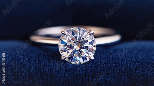 Beautiful solitaire diamond ring on navy blue velvet background showcasing elegance and luxury in jewelry design