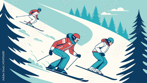 Skiers Descending a Snowy Mountain Slope.