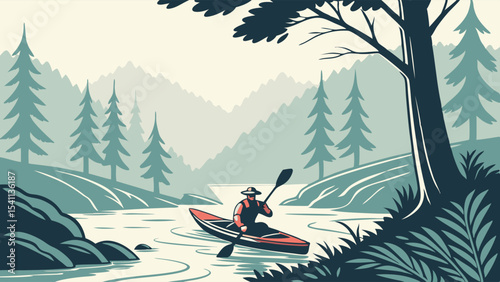 Person kayaking on a river surrounded by trees and mountains.