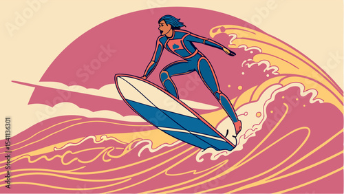 Surfer Riding a Wave in Artistic Style.