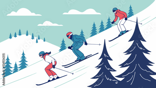 Three Skiers Descending a Snowy Slope in Winter.
