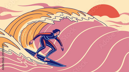 Surfer riding a stylized wave with sun and clouds illustration.