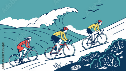 Three Cyclists Ascending Hill with Ocean Wave Background.