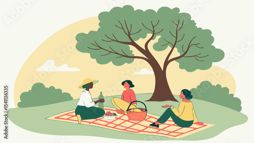 Three Women Enjoying a Sunny Picnic Under a Tree.