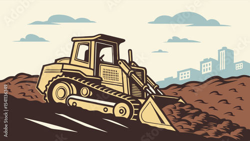Vintage Illustration of a Bulldozer Working on a Construction Site.