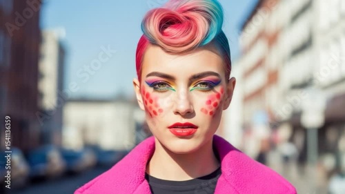 Vibrant Portrait: Woman with Colorful Hair and Makeup on City Street, Fashion Forward Style
